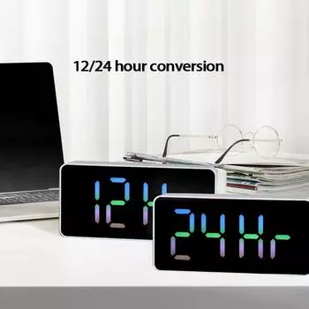 Светодиодные зеркальные настольные часы с градиентным цифровым будильником, функцией повтора, ночником, настольным USB-будильником, домашним декором для детей чёрный