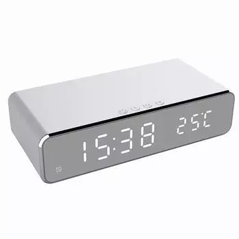Светодиодный будильник Электрический будильник с беспроводным зарядным устройством для телефона Настольные цифровые часы-термометр HD Зеркальные настольные часы серебряный