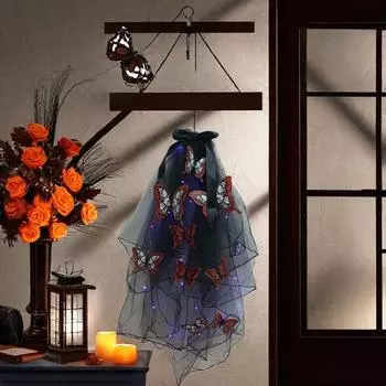 Светодиодный череп в готическом стиле, светящаяся повязка на голову, вуаль, заколка для волос с бабочками, женский головной убор для вечеринки с привидениями на Хэллоуин, косплей-мероприятия красный