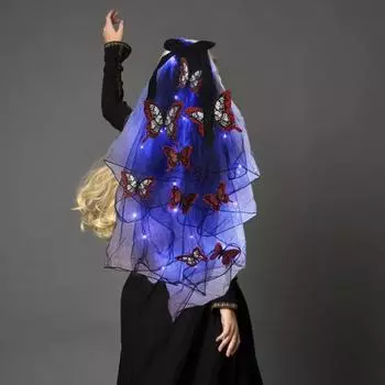 Светодиодный череп в готическом стиле, светящаяся повязка на голову, вуаль, заколка для волос с бабочками, женский головной убор для вечеринки с привидениями на Хэллоуин, косплей-мероприятия чёрный