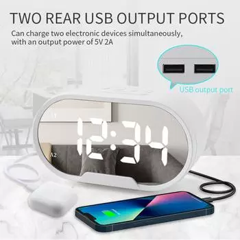 Светодиодный цифровой будильник 5,5-дюймовый большой дисплей с зеркальной поверхностью, электрические будильники для макияжа с LED Screen белый