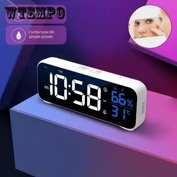 Светодиодный цифровой будильник с голосовым управлением, дисплей температуры и влажности, повтор, музыкальные настольные часы, USB аккумуляторные зеркальные часы