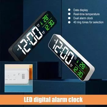 Светодиодный цифровой будильник с температурой, временем, календарем, дисплеем, зеркалом, цифровыми настенными часами, USB-будильником на прикроватной тумбочке для домашнего офиса белый