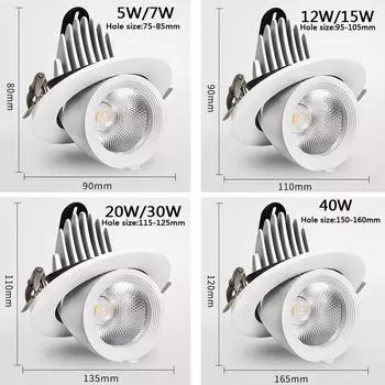 Светодиодный COB-светильник, встраиваемый светильник, регулируемый на 360 градусов, 5 Вт, 12 Вт, 20 Вт, 30 Вт, 40 Вт, точечный светильник для гостиной, офиса, торгового центра, бара, AC110-240 В Warm whtie Black