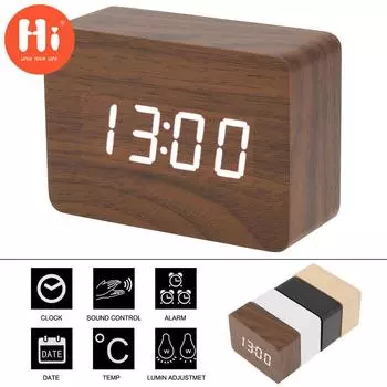 Светодиодный деревянный будильник, голосовое управление, время, дата, температура, цифровые прямоугольные настольные настольные часы чёрный
