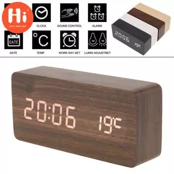 Светодиодный деревянный будильник, голосовое управление, время, дата, температура, цифровые прямоугольные настольные часы чёрный