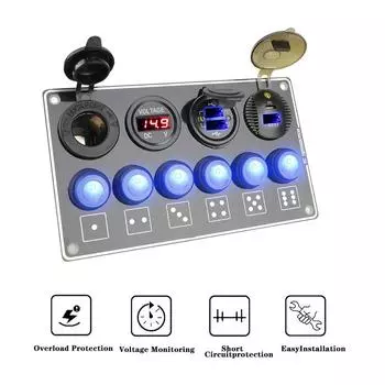 Светодиодный дисплей напряжения 6-клавишный 12/24 В PD USB автомобильная панель переключателей для автомобиля RV Marine QC3.0 быстрая зарядка зелёный