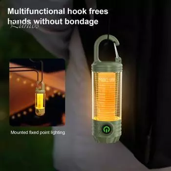 Светодиодный фонарь для кемпинга с крючком, 4 режима, регулируемый, водонепроницаемый, Type-C, перезаряжаемый, портативный, подвесной светильник для походной палатки, аварийный фонарь темно-зеленого