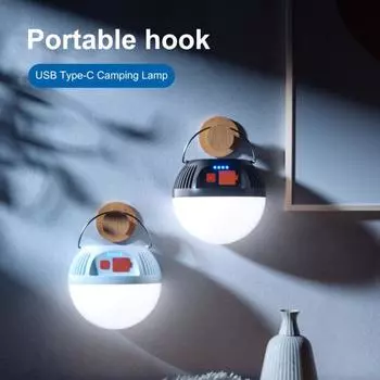 Светодиодный фонарь для кемпинга, водонепроницаемый подвесной обруч, дисплей с батареей, высокая яркость, 3 передачи, подсветка, перезаряжаемая лампа для кемпинга с USB Type-C чёрный