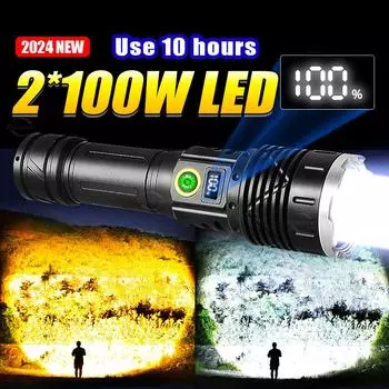 Светодиодный фонарик мощностью 100 Вт с белым и теплым светом Перезаряжаемый фонарик Type-c Портативное освещение с использованием батареи 18650 26650 without battery чёрный