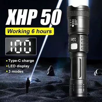 Светодиодный фонарик P50, супер яркий фонарь, перезаряжаемая через USB лампа, водонепроницаемый, мощный фонарик со встроенным аккумулятором, уличное освещение чёрный