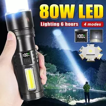 Светодиодный фонарик с возможностью масштабирования, 80 Вт, 10000000LM, прожектор, USB перезаряжаемый фонарик, водонепроницаемая лампа, ручной фонарь A-Flashlight