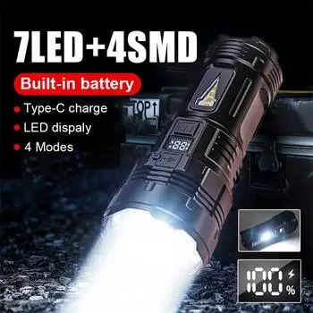 Светодиодный фонарик с зарядкой от USB, встроенный аккумулятор, портативные фонарики, масштабируемая лампа с COB-светильником, наружное освещение чёрный