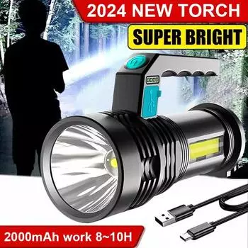 Светодиодный фонарик высокой мощности, 2000 мАч, мощный USB перезаряжаемый фонарик, портативный портативный уличный фонарь со встроенной батареей, фонари COB чёрный
