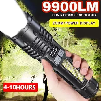 Светодиодный фонарик высокой мощности 9900LM, самый мощный фонарик с возможностью масштабирования, перезаряжаемая лампа, водонепроницаемый фонарь, портативная ручная лампа чёрный