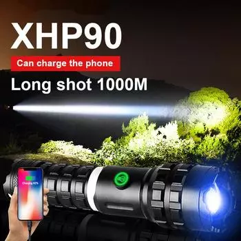 Светодиодный фонарик XHP90 с зарядкой через USB, поддержка выходного ручного фонаря, 5000 люмен, портативный фонарик, фонарь для кемпинга no battery чёрный