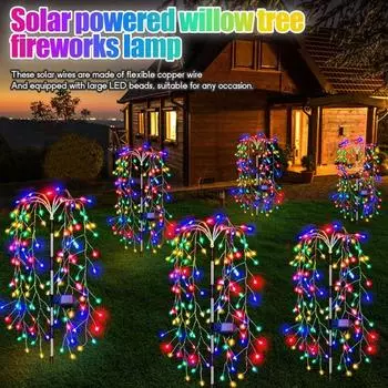 Светодиодный гирляндный светильник для уличных ив на солнечной энергии, солнечные фейерверки, 8 режимов, водонепроницаемый для садового газона, рождественский декор 5W-120LED-yellow