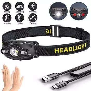 Светодиодный индукционный налобный фонарь для кемпинга, водонепроницаемый индуктивный налобный фонарь с зарядкой для пеших прогулок, рыбалки чёрный