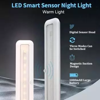 Светодиодный интеллектуальный светильник с датчиком движения, аварийный автоматический светильник 1000 мАч, перезаряжаемый ночник для шкафа 1.2W warm white light
