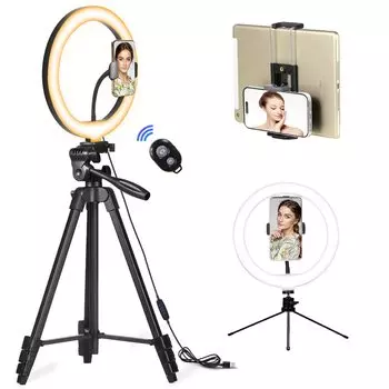 Светодиодный кольцевой светильник 10 дюймов 8500K 135 см штатив 3-позиционный головной светильник для актрис, высокая яркость, 3 цветовых режима, 10 уровней затемнения, 128 лампочек