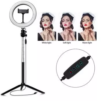Светодиодный кольцевой светильник с регулируемой яркостью 5500K с подставкой для селфи-камеры для макияжа 8 дюймов белый