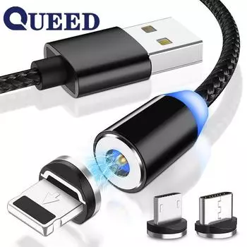 Светодиодный магнитный магнит Магнит для быстрой зарядки Кабель Micro USB Type C для синхронизации данных iPhone Micro чёрный
