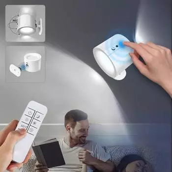 Светодиодный мини-магнитный настенный светильник, простой черно-белый, с двумя головками, дистанционное управление, освещение спальни, аварийное освещение белый