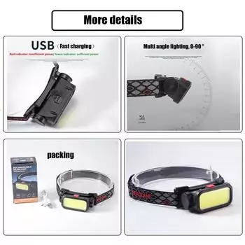Светодиодный мощный налобный фонарь с зарядкой от USB, 4 режима освещения, встроенный аккумулятор, поисковый фонарь для кемпинга и рыбалки