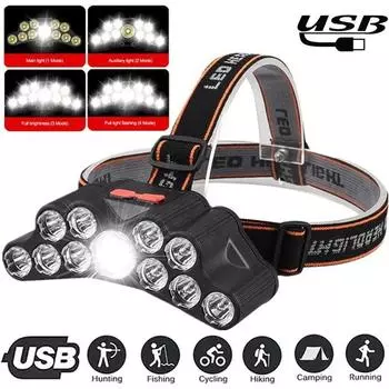 Светодиодный налобный фонарь, 4 режима, налобный светильник, перезаряжаемый фонарик, водонепроницаемый, для работы на открытом воздухе, для кемпинга, пешего туризма, ночник 11 LED