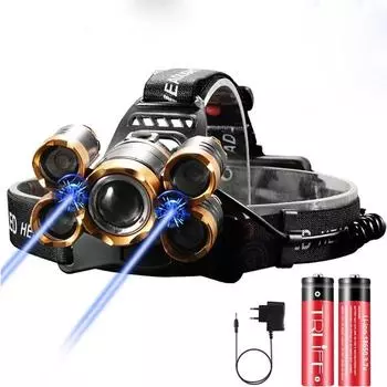 Светодиодный налобный фонарь 50000 люмен Налобный фонарь 3/5 светодиодный налобный фонарь T6 Фонарик Налобный фонарь 18650 Аккумулятор чёрный