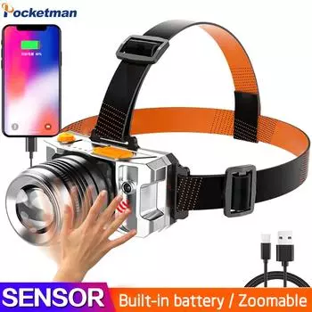 Светодиодный налобный фонарь 60000LM с датчиком движения, налобный фонарь, рабочий фонарь Lanterna со встроенным аккумулятором