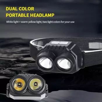 Светодиодный налобный фонарь для кемпинга, портативный налобный фонарь, USB-фонарик, 2 COB, желтый свет, двойной источник света