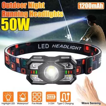 Светодиодный налобный фонарь Intellisense мощностью 50 Вт, перезаряжаемый, с мощным датчиком освещенности, фонарик для ночной рыбалки, многофункциональные индукционные налобные фонари 1PCS