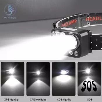 Светодиодный налобный фонарь с аккумулятором XPE и COB, мощный налобный фонарь со встроенным аккумулятором, для кемпинга, с красным и синим светом белый