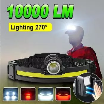 Светодиодный налобный фонарь с высоким люменом, 7 режимов, XPG + датчик COB, налобный фонарь, фонарик со встроенным аккумулятором, налобный фонарь для рыбалки, охоты B-no zoom чёрный