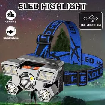Светодиодный налобный фонарь Сильный свет Супер яркий налобный фонарик Открытый перезаряжаемый фонарь для ночной рыбалки 5 источников света 1 Head lamp темно-синий
