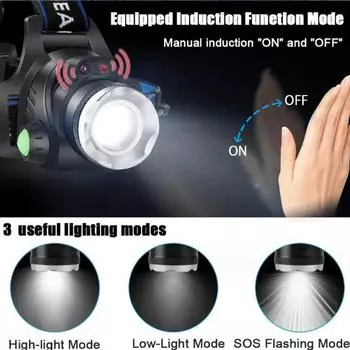 Светодиодный налобный фонарь Zoom Induction 18650 с аккумулятором USB, перезаряжаемый налобный фонарь для рыбалки и охоты, водонепроницаемый налобный фонарь 1PCS
