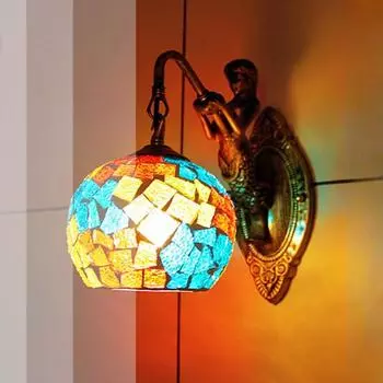 Светодиодный настенный светильник в стиле Тиффани с витражным стеклом, средиземноморский абажур в стиле ретро-барокко, турецкая мозаика, декор для спальни и лестницы, настенные светильники E27 No Bulb