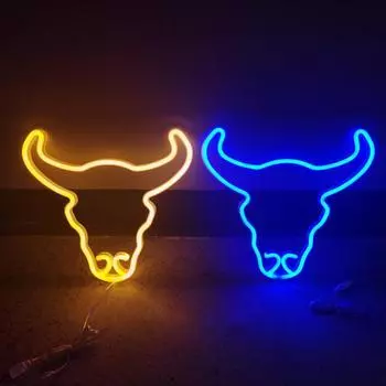 Светодиодный неоновый свет с питанием от USB/батарейки, без мерцания, неоновая вывеска с головой быка, украшение для рабочего стола жёлтый