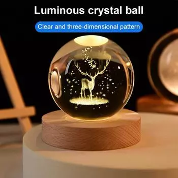 Светодиодный ночник Crystal Ball Galaxy Saturn Moon Mood Lights с деревянной основой, зарядка через USB, ночник, декор для спальни, настольные лампы