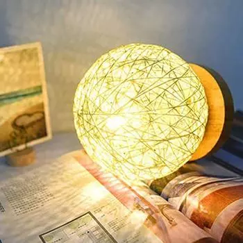 Светодиодный ночник из ротангового шара, USB настольная лампа с регулируемой яркостью, ручная вязка из ротангового шара, абажур, прикроватная лампа, декор для спальни, лунный ночник бежевый
