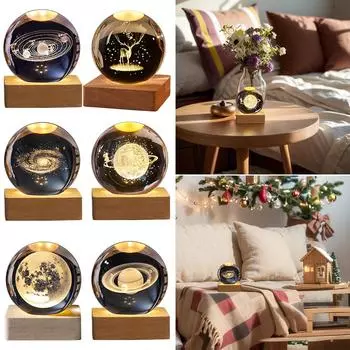 Светодиодный ночник Млечный Путь Солнечная система 3D хрустальный шар креативный гравированный теплый цвет ночник настольный декор с деревянной основой Milky way