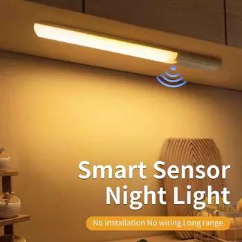 Светодиодный ночник с датчиком движения из дерева, магнитный переносной настенный светильник, беспроводной светильник для кухни, спальни, шкафа, прикроватного освещения