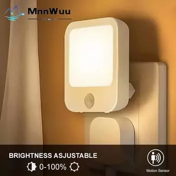 Светодиодный ночник с датчиком движения со светодиодной подсветкой, штепсельные лампы европейского/американского стандарта, детский ночник, беспроводной ночник для прикроватной тумбочки, спальни US Plug белый