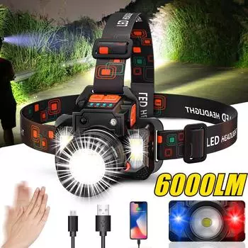 Светодиодный перезаряжаемый налобный фонарь, суперяркий налобный фонарь с 6 режимами и водонепроницаемым сигнальным фонарем, датчиком движения, регулируемым оголовьем 2000LM