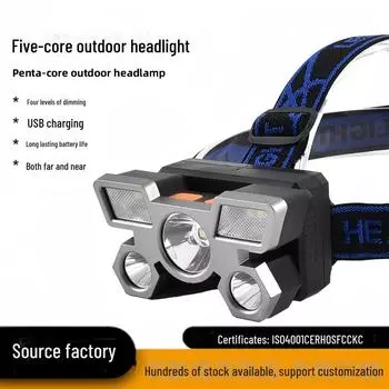 Светодиодный перезаряжаемый налобный фонарь: Яркий свет, большой радиус действия для использования на открытом воздухе, в шахтах и в чрезвычайных ситуациях T5 five-head золотой