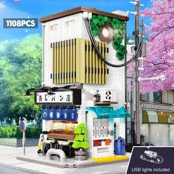 Светодиодный японский паровой домик с булочкой Архитектура Строительные блоки Друзья Магазин Фигурки Кирпичи Игрушки Цветущая вишня Детские подарки