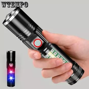 Светодиодный рабочий фонарь для улицы, перезаряжаемый через USB, красный и синий мигающий предупреждающий свет, домашний мини-фонарик с сильным светом чёрный