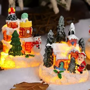 Светодиодный рождественский пряничный домик, украшение из смолы, зимняя статуэтка деревенского домика, миниатюрная светящаяся фигурка для домашнего декора стола зелёный