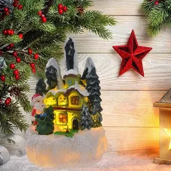 Светодиодный рождественский пряничный домик, украшение из смолы, зимняя статуэтка деревенского домика, миниатюра зелёный